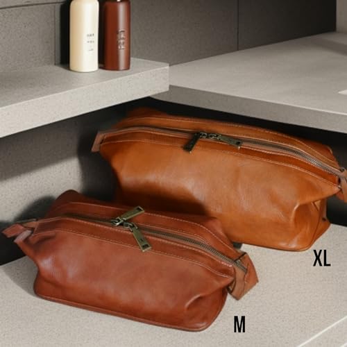 BERLINER BAGS Vintage Leather Cosmetic Bag Ben XL, Toiletry Bag for Women and Men, for Travelling - Brown