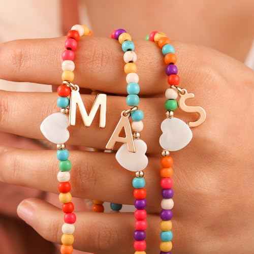 Ursteel Colorful Initial Cute Necklaces for Girls - Trendy Beaded Choker Necklace for Women Teen Girl, Personalized Letter Initial Gifts for Women Kids Jewelry