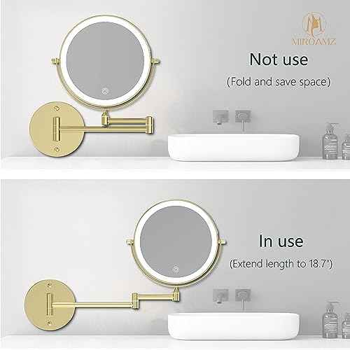 Rechargeable Wall Mounted Lighted Makeup Vanity Mirror 9 Inch Double Sided 1X 10X Magnifying Bathroom Mirror, 3 Color Lighting, Touch Screen Dimming, 360 Rotation Shaving Mirror Gold