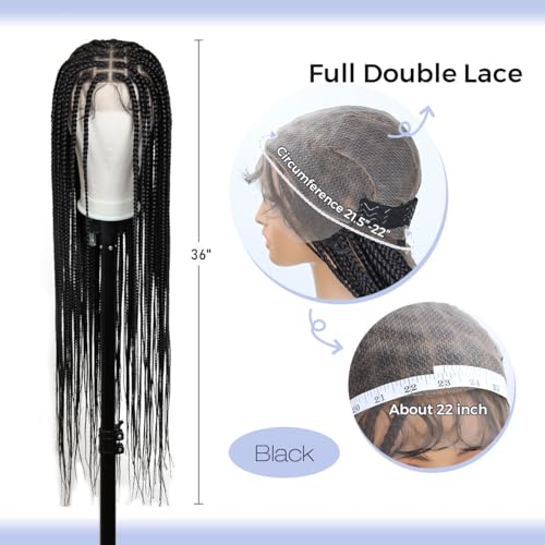 KRALER 36 inch Braided Wigs for Black Women, Knotless Box Braid Wig Full Double Lace Square Based Micro Box Braids Wig Pre Plucked with Baby Hair