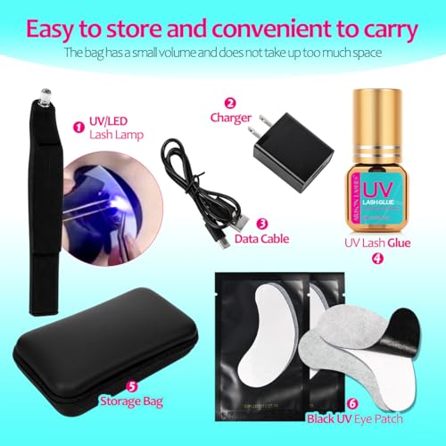 UV Lash Glue (3ml) with Light, 2-in-1 Portable UV LED Lamp Eyelash Extension Glue Applicator, Safe and Easy to Use for Home, Travel, Salon, Professional and Personal Use