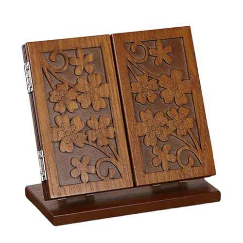 VALICLUD 1Pc Folding Wooden Carve Pattern Makeup Mirror Three Sided Desktop Vanity Mirror for Distortion Reflection Stable Wooden Base for Home and Office Use