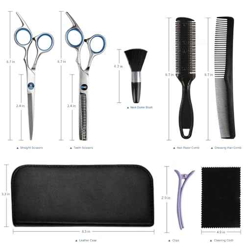 Haircut Scissors Kit, 11 Pcs Professional Set - Haircut, Thinning Scissors, Neck Duster Brush, Comb, Barber Cape, Hair Clips, Hairdressing Shears for Barber and Home