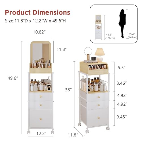 Makeup Cart Organizer with Mirror, Large Floor Skincare Organizers Make Up Organizers-Vanity Storage Organizer Cosmetic Display Cases Holder for Skin Care Perfume Nail Polish Brush Hair Tool (White)