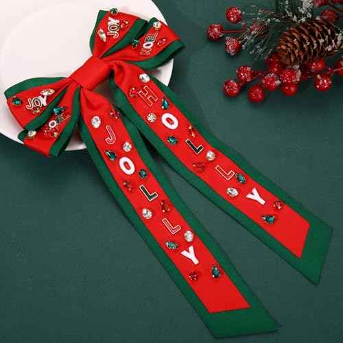 Christmas Bow Clips Pearl Rhinestone Christmas Tree JOLLY Decor Hair Bow Clip Christmas Holiday Party Hairpin Barrettes Accessories (red green JOY bow)