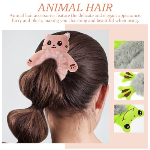 Angoily Hair Scrunchies, 4PCS Elasticity Hair Ties Cute Ring Plush Cat Belt Rubber Band Fluffy with Rope Frog Elastic Animal Scrunchies Ropes, Satin Ties for Girls, Plush Ties