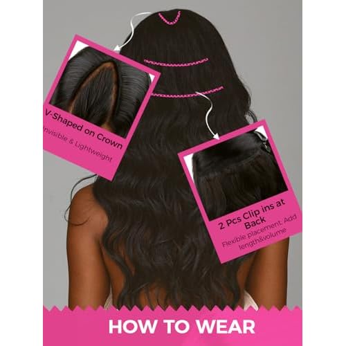 Lashey V Shape Invisible Clip in & Lace Clip in Hair Extensions Human Hair, 14 Inch 110g Set (1 V-Shaped + 2pcs Lace Clip ins), Natural Black Body Wave No Leave Out Hair Extension for Women