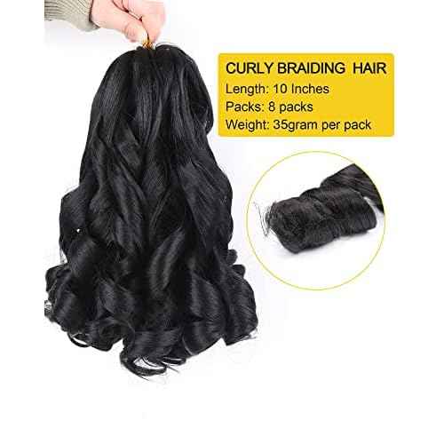 French Curl Braiding Hair 10 Inch Curly Braiding Hair Pre Stretched 8 Packs Short Black French Curl Crochet Braids for Box Braids with Curly Ends for Black Women (1B)