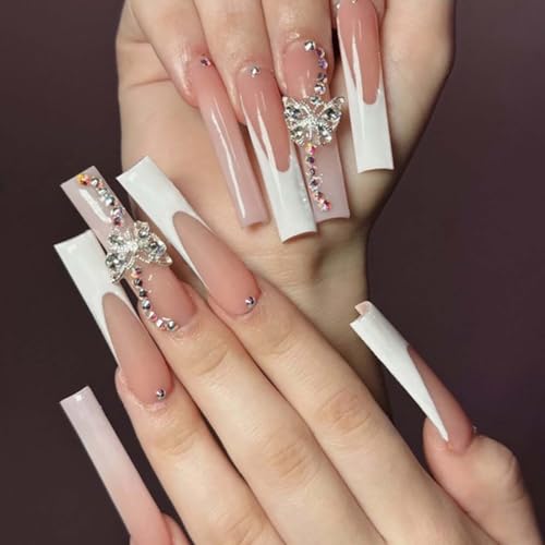 Long Square Press on Nails Luxury French False Nails 3D Butterfly Nails Tips Full Cover Nude Fake Nails for Women and Girls 24PCS