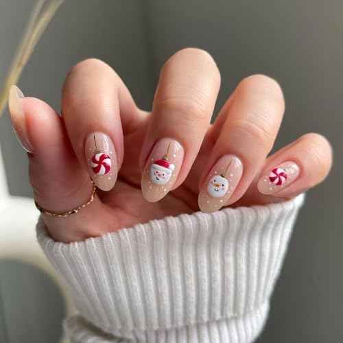 Christmas Press on Nails Almond Nude Fake Nails with White Snowman Design Glossy False Nails Acrylic Nails Full Cover Glue on Nails Stick on Nails for Women and Girls