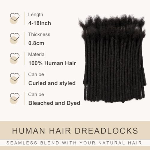 DAIXI 0.8cm Thickness 8-18 Inch 30 Strands 100% Real Human Hair Dreadlock Extensions for Man/Women Full Head Handmade Can Be Dyed and Bleached Soft loc Extensions with Needle and Comb