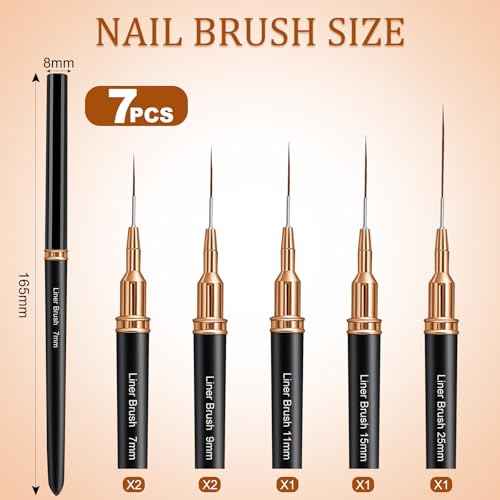 7PCS Metallic Nail Art Brushes Set, 7/9/11/15/25mm Liner Brush For Nails Gel, Super Fine Painting Art Design Pen for Long-Line Patterns, Detailed Outlines, Geometric Shapes (Black)