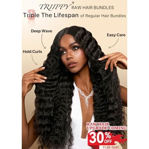 TRIIPPY Deep Wave Bundles Human Hair,Curly Single Bundle by 100% Raw Cambodian Human Hair,Triple The Lifespan Over Regular Virgin Hair Bundle,No.1 Raw Hair Brand On Amazon(14 Inch,Natural Color)