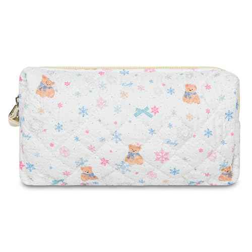 Cotton Quilted Makeup Bag Cute Coquette Floral Cosmetic Pouch for Brushes and Travel Make Up Accessories