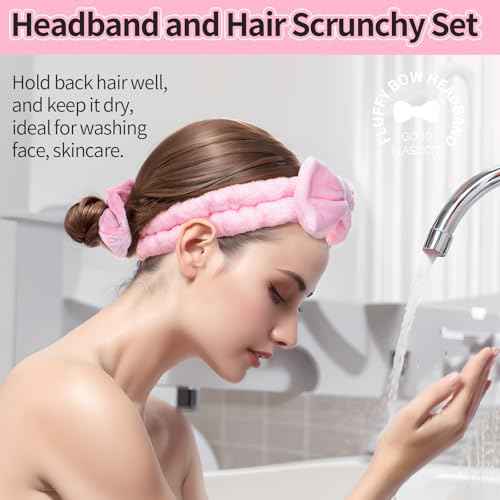 LEOBRO Spa Headband for Skin Care and Makeup, Women Teen Girls Hair Band Headbands for Washing Face, With Hair Scrunchies, Christmas Gifts for Teens (Pink & Creamy White & Black)