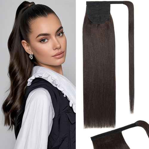 Rich Choices Ponytail Extension 100% Real Human Hair Wrap Around Remy Ponytail Extension for Women One Piece Clip In Long Pony tail Extensions Straight 18 Inch #2 Dark Brown