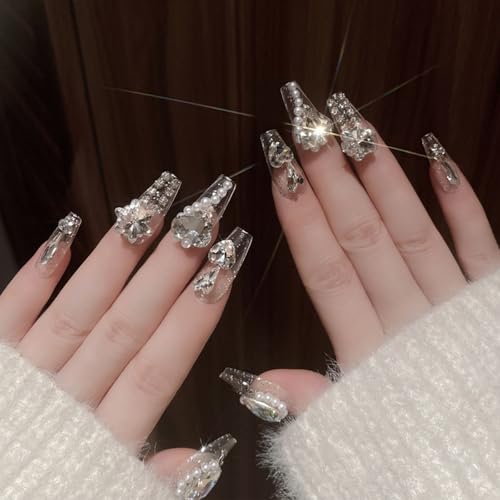 Luxury Press on Nails Coffin Medium Fake Nails Luxury Rhinestones 3D Charm Acrylic Nails Press ons Handmade Glue on Nails Glossy Stick on Nails for Women 24 Pcs