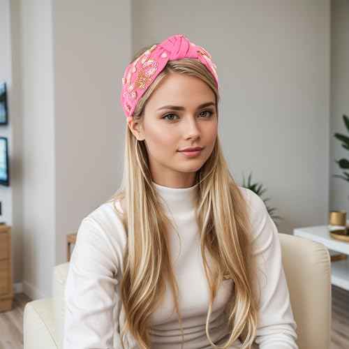 Valentine¡¯s Day Headband for Women Girls Valentines Beaded Heart Headband Glitter Red Pink Jeweled Knotted Hairband Galentines Valentines Day Gifts Heart Hair Accessories
