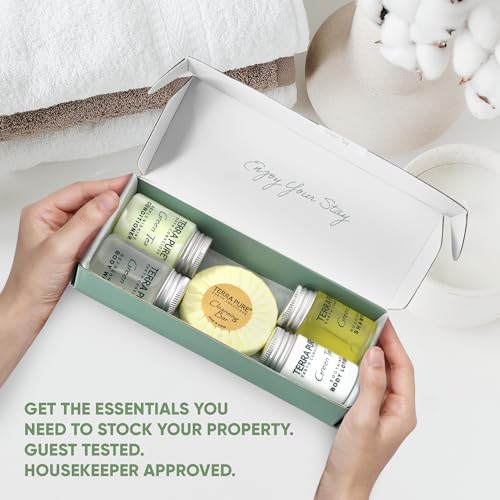 Terra Pure Green Tea Amenity & Accessory Kit | 1 oz Travel Size Shampoo, Conditioner, Lotion, Body Wash, 2 Soap Bars, Shave & Dental Sets, Make-Up Remover Wipes, & Vanity Kit | 15 sets per case