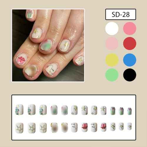 Christmas Press on Nails Square Short Fake Nails Xmas False Nails With Christmas Tree Green Haired Monster Star Gift Designs Full Cover Stick on Nails Acrylic Winter Artificial Nails for Women 24Pcs