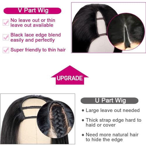 Straight V Part Wigs Human Hair Upgrade U Part Human Hair Wigs for Women Glueless Full Head Clip In Half 180% Density Natural Color (16inch)