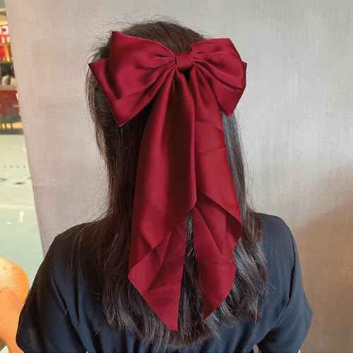 Big Red Hair Bows,Large Satin Silky Barrettes,Christmas Hair Bow Clips with Long Tail,Christmas Gifts for Women,Oversize Ribbon Clips Coquette Bows Hairs Accessories for Girls Adult