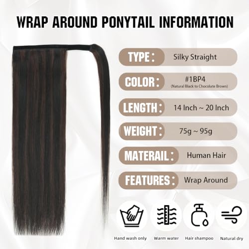 Ponytail Extension Human Hair 16 Inch Natural Black to Medium Brown Silky Straight Clip in Hair Extensions Wrap Around Ponytail Hair Piece for Girls(16 Inch Natural Black to Medium Brown #1BP4 85G)