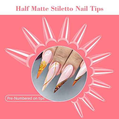 Clear Stiletto Nail Tips, No C Curve Medium Nail Tip for Acrylic Nails Professional, 550PCS Soft Gel Nail Tips Half Cover Stiletto Almond Fake Nails Extension for Salon Home DIY