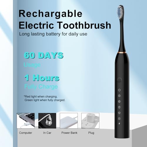 3 Pack Electric Toothbrush for Adults,6 Mode Rechargeable Electric Toothbrushes with 12 Replacement Brush Head, Fast Charge 2 Min and 30s Timer for Travel Business