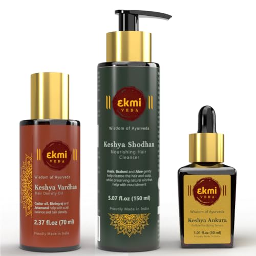 Hair Growth Set With Ayurvedic Herbs- Amla, Bhringraj, Castor, Rosemary For Hair Growth. Sulfate Free Hair Thickening Product,3 Pcs - Oil, Shampoo & Serum, 8.45 Fl Oz