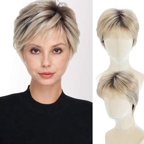 WIGYY Short Pixie Wig for White Women ? Curly Ash Blonde Wig with Dark Roots, Heat-Resistant Synthetic Wig with Bangs, Lightweight Glueless Cap for Older Women Daily Wear