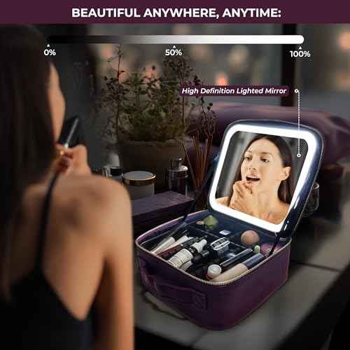 ZEVGANI Travel Makeup Bag with LED Mirror, Rechargeable Lighted Makeup Case with Adjustable Brightness & Dividers, Portable Makeup Box Organizer Vanity Case for Toiletries & Brushes, Plum Purple