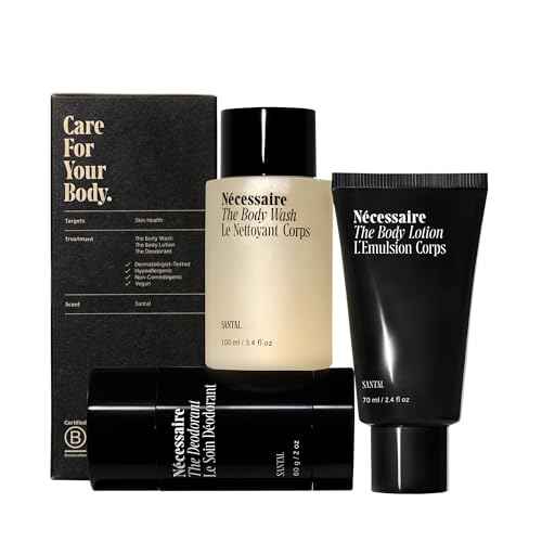 N?cessaire Body Essentials - Skin Care Gift Set For Women + Men - Travel-Size Body Wash, Body Lotion + Deodorant | Dermatologist-Tested. Hypoallergenic | Vegan | Aluminum-Free Deodorant (Santal)
