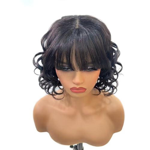 Natural Wavy Human Hair Wigs with Bangs Black Loose Wave Wigs for Women None Lace Front Wigs Loose Body Bob Wig Brazilian Virgin Human Hair Glueless Loose Curly Wig for Daily (14 Inch)