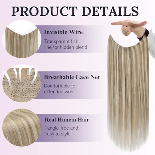 Fshine Invisible Wire Hair Extensions 16 Inch Golden Blonde Highlight Light Blonde Secret Hairpiece Adjustable Fish Line Wire Extensions Clip ins Straight Remy Hair 80 G