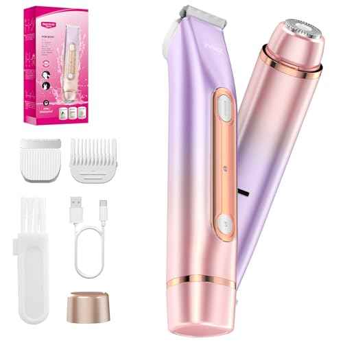2 in 1 Bikini Trimmer for Women, Dual Head Electric Razor, IPX7 Waterproof Wet/Dry Use Women Electric Shaver, Painless Body Facial Hair Remover for Bikini Legs Arm Underarm, (Purple)