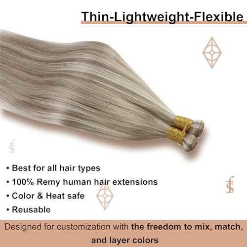 Full Shine 22 Inch Human Hair Weft Sew In Hair Extensions Real Human Hair Hand Tied Hair Extensions Color Ash Blonde Highlight Bleach Blonde Bundles Straight Human Hair 60G