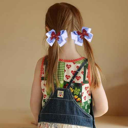 4.5in Blue White Checker Plaid Ribbon Hair Bow Clips Red Glitter Gingham Pigtail Alligator Hairpins Halloween Costume Dress Up Birthday Party Accessory Gift for Girls Women