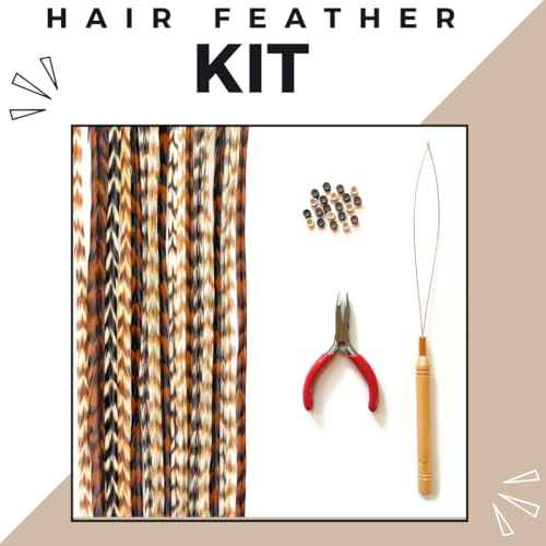 Natural Hair Feathers Kit, Feather Hair Extensions - Real Rooster Feathers, Long Natural Colors, Pliers, Beads, and a loop tool DIY Set browns and neutrals