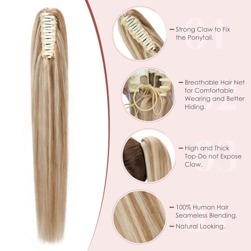 Human Hair Claw Clip Ponytail,Prokyvity Claw Clip Ponytail Extension 100% Human Hair for Women,Style in Seconds Quick Styling Solutions for Busy Lives,14"/105g Golden Brown Mix Bleach Blonde
