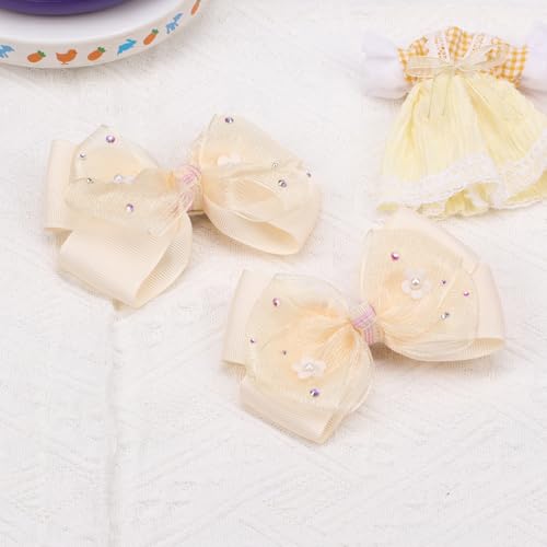 KISZU 4.5 Inch Flower Hair Bow Clips, Organza Bows with Pearls Big Hair Accessories for Baby Girls Kids Children Teens and Women (Yellow)