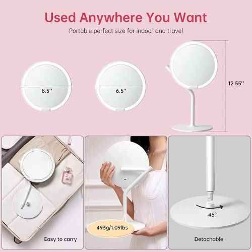AMIRO 8'' LED Makeup Mirror, 5-Level Brightness/Touch Screen Control/Memory Function/180¡Æ Rotation/Detachable Small 5X Magnification Mirror