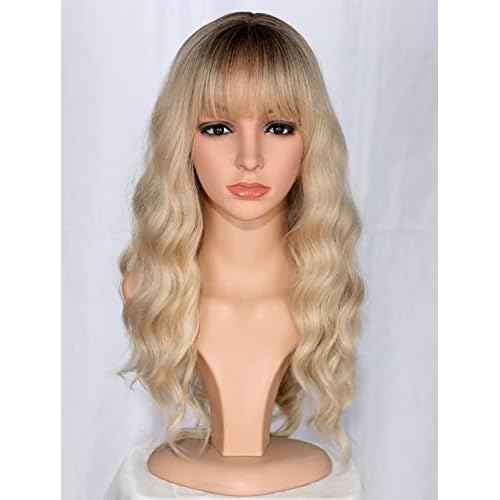 Medium Long Blonde Wavy Wigs For Women Synthetic Full Hair Wigs With Bangs For Daily Use (Blonde)