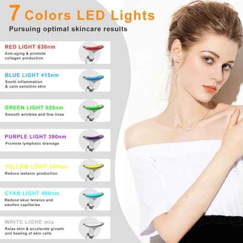 Facial Beauty Device, Face Massager Tool for Skin Care, Based on Triple Action LED, Thermal, and Vibration Technologies, Red and Blue LED Light, 7 Color Led Face and Neck Massager for Home Use