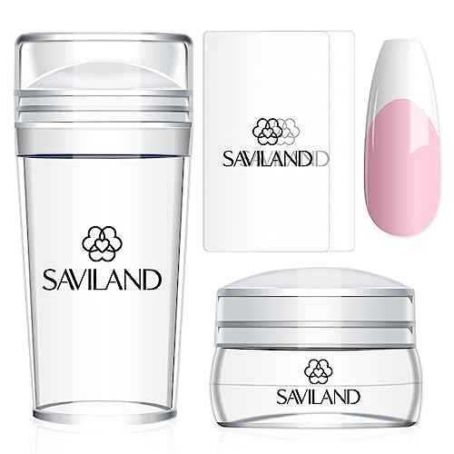 Saviland French Tip Nail Stamp - 4PCS Nail Art Stamper Kit Clear Silicone Nails Stamping Long & Short Jelly Stamper with Scrapers Nails Stamper Kit for French Manicure Nail Art Home DIY Salon