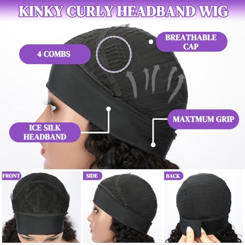 Headband Wig Human Hair Deep Wave 20 Inch Curly Headband Wigs for Black Women Glueless No Lace Half Wig Brazilian Virgin Hair Deep Curly Natural color