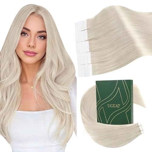 Ugeat Blonde Tape in Hair Extensions Platinum Blonde Tape in Human Hair Extensions Invisible Seamless Straight Long Real Natural Human Hair for Halloween 20Inch 20Pcs 50G