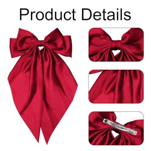 Hair Bows for Women Girls,Red Silky Satin Hair Barrettes with Long Ribbon Tail Big French Cute Hair Bows Clip Hair Accessories for Party Women Girl