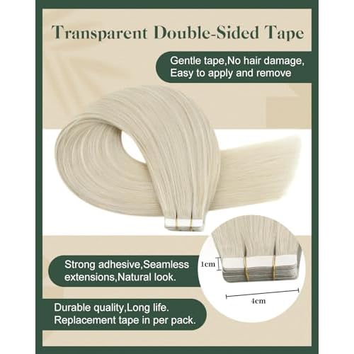 Ugeat Blonde Tape in Hair Extensions Platinum Blonde Tape in Human Hair Extensions Invisible Seamless Straight Long Real Natural Human Hair for Halloween 20Inch 20Pcs 50G