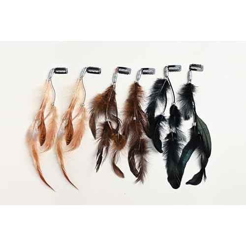 6 Pcs Feather hair Extensions Handmade Boho chic Hair Extensions with Feather Clip in Headdress Accessories for Women (Black,Brown,Dark coffee)